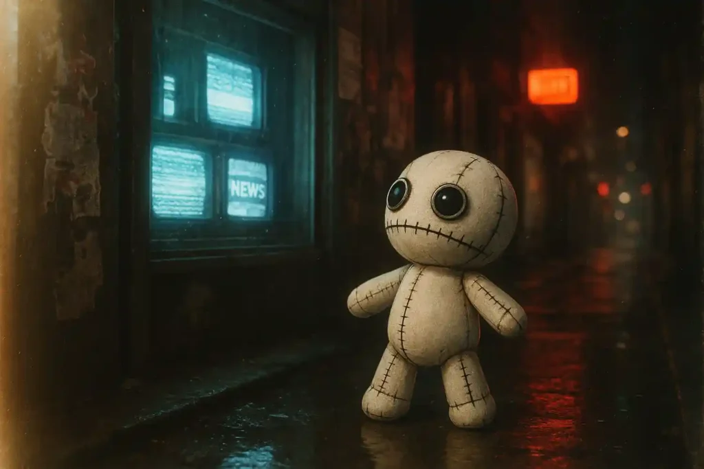The doll stands in a rainy alley beside a window of glowing TVs showing NEWS