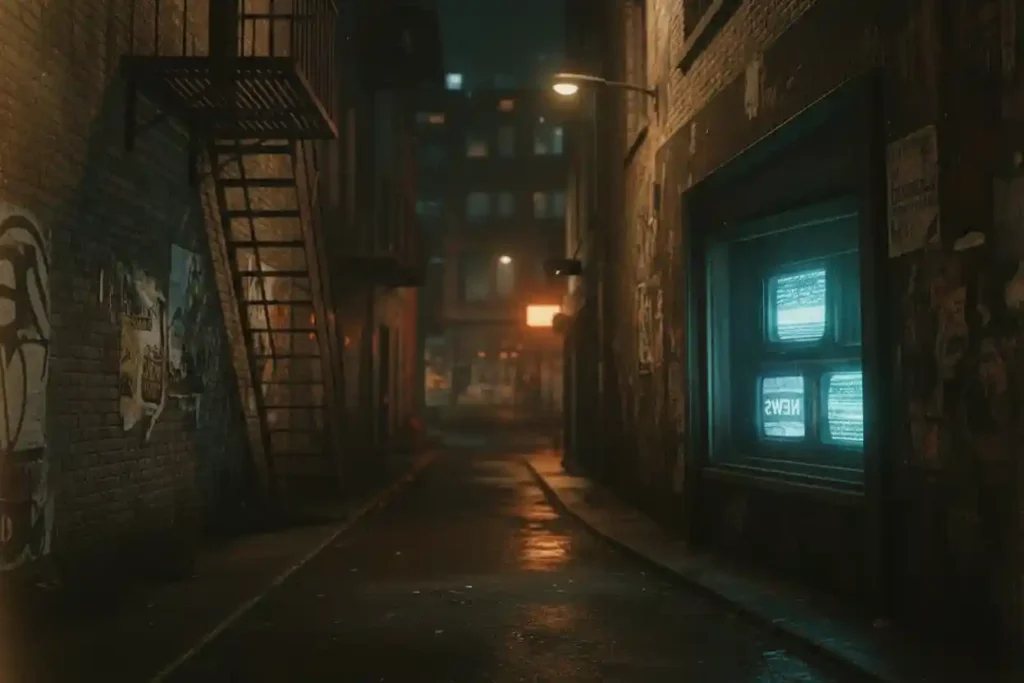 An empty rainy alley at night with a window of glowing TVs showing NEWS