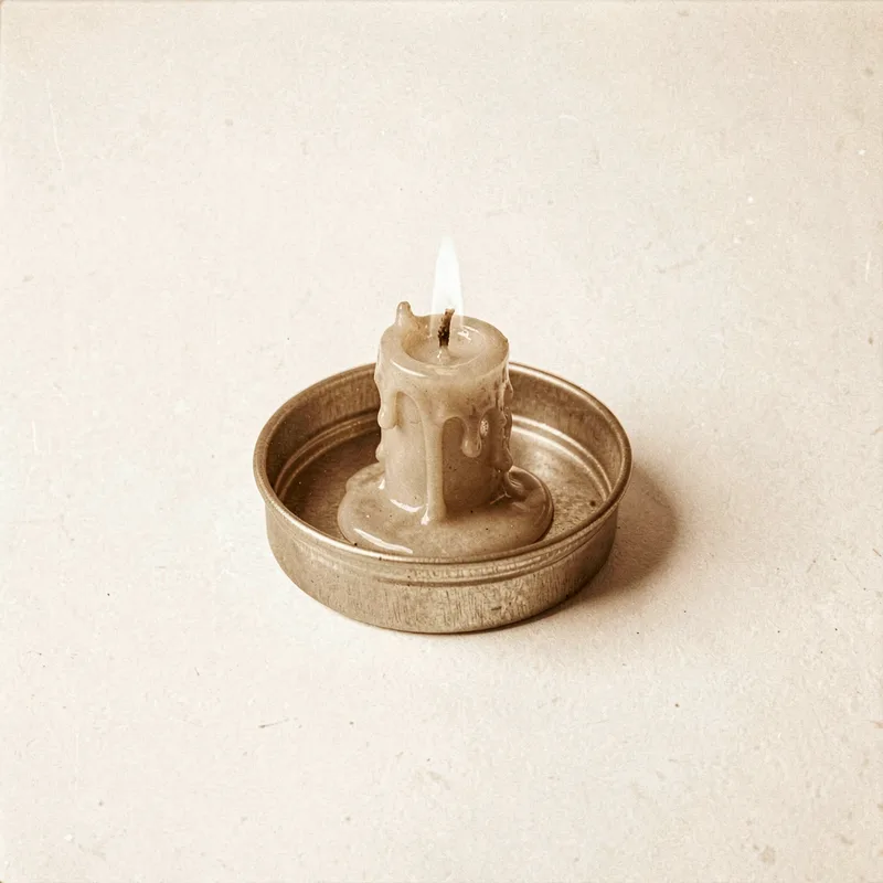 A short candle burning in a tin dish, wax melted down its sides