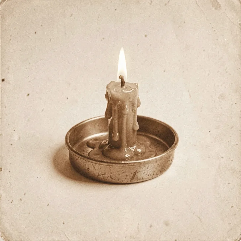 A short candle burning in a tin dish, wax melted down its sides