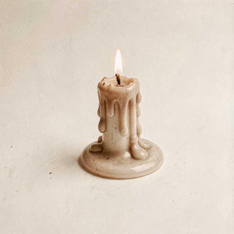 A half-melted candle stub with dripping wax