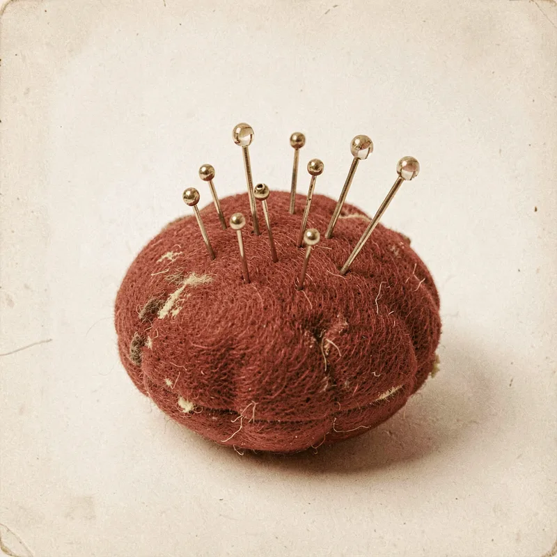 A red pincushion full of pins and needles