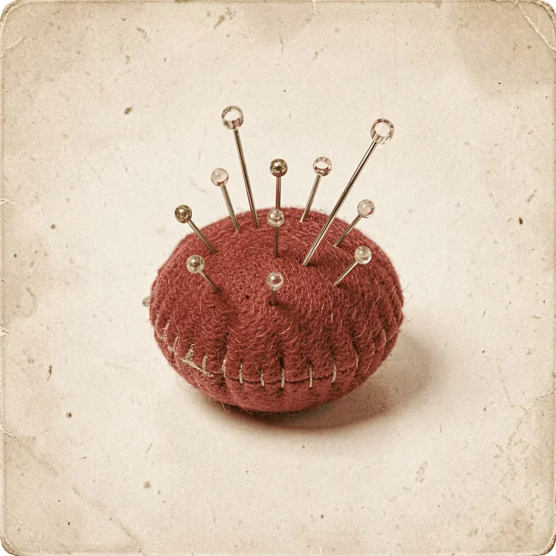 A red pincushion full of pins and needles