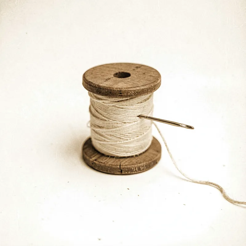 A wooden spool of cream thread with a needle