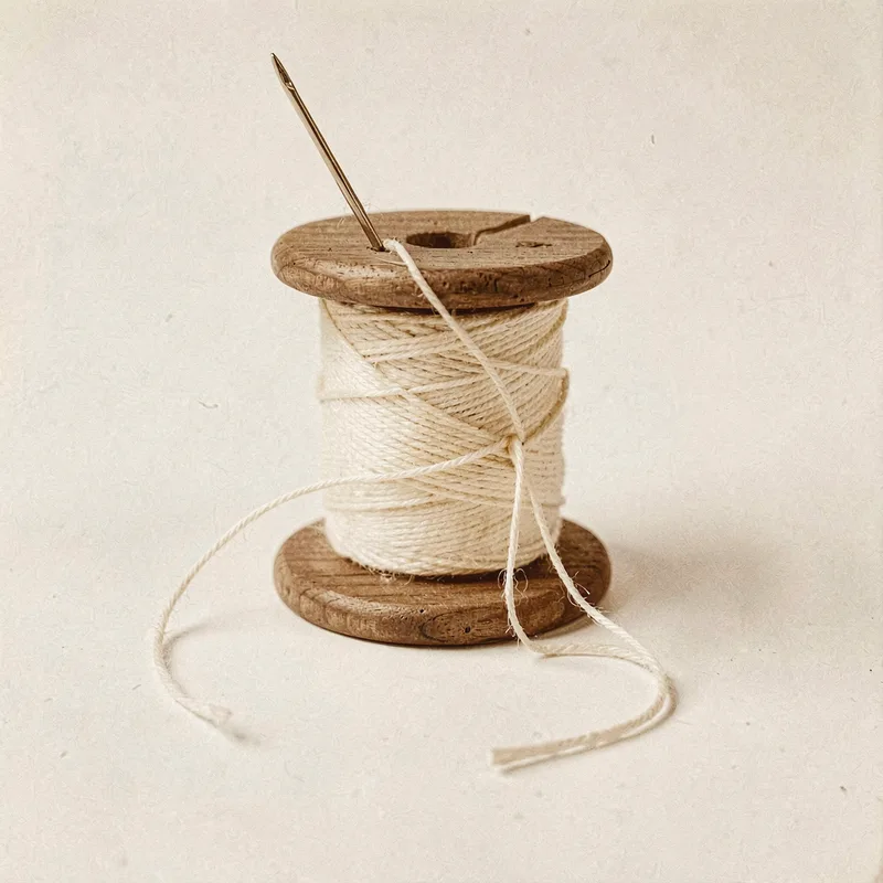 A wooden spool of cream thread with a needle
