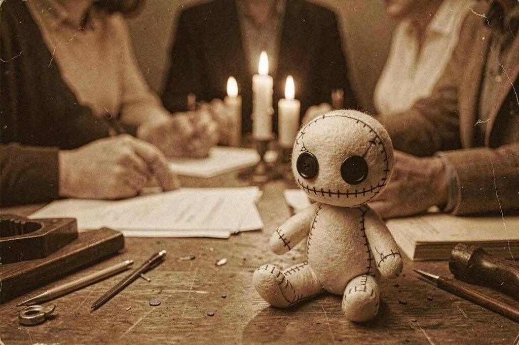 A small burlap doll sits at the workbench while the maker's friends gather in a candlelit circle
