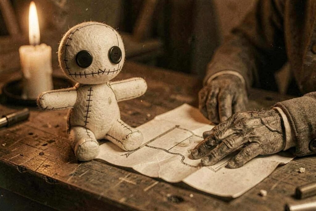 The maker's unfinished flag sketch beside the doll