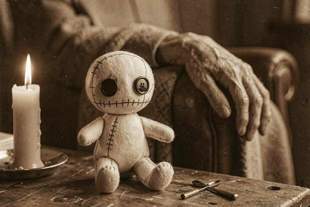 The maker dozes in his chair as the doll sits up