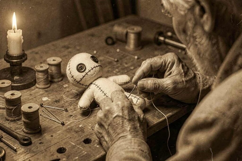 The maker's hands stitch a small burlap doll by candlelight