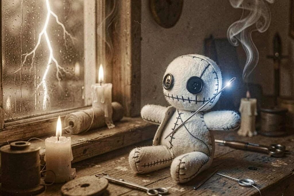 Lightning through the window lights the stitches on the doll