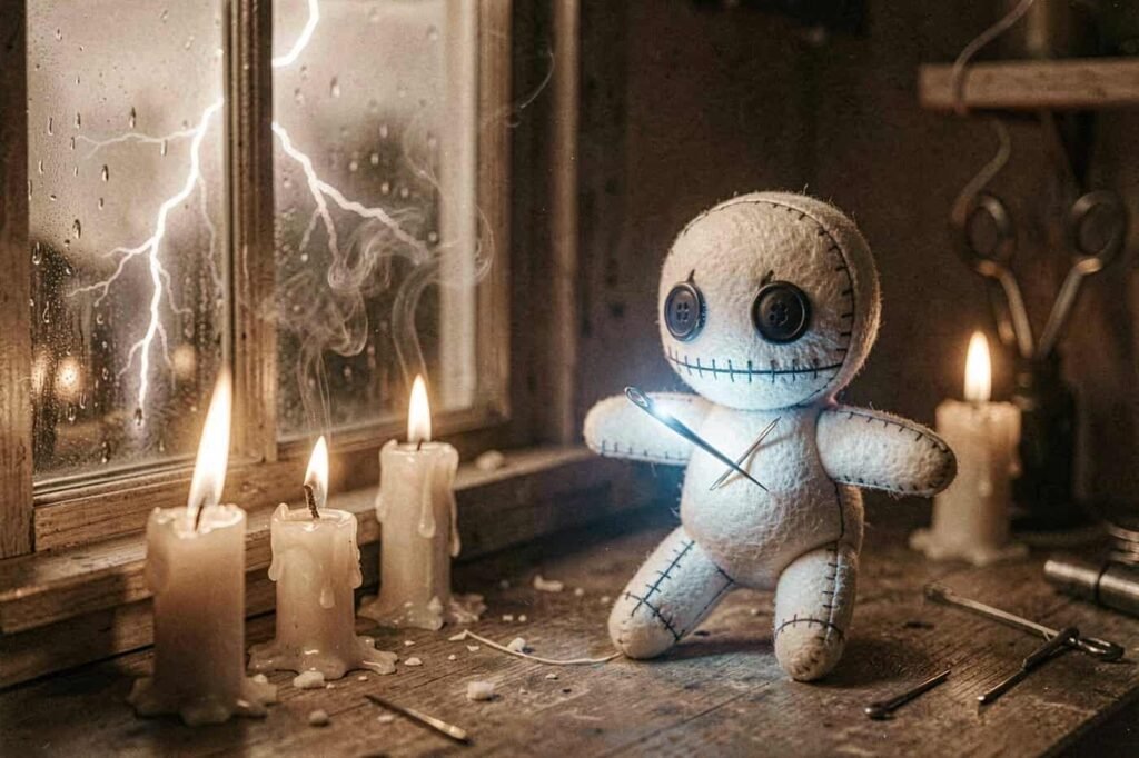 The doll glows blue in the storm