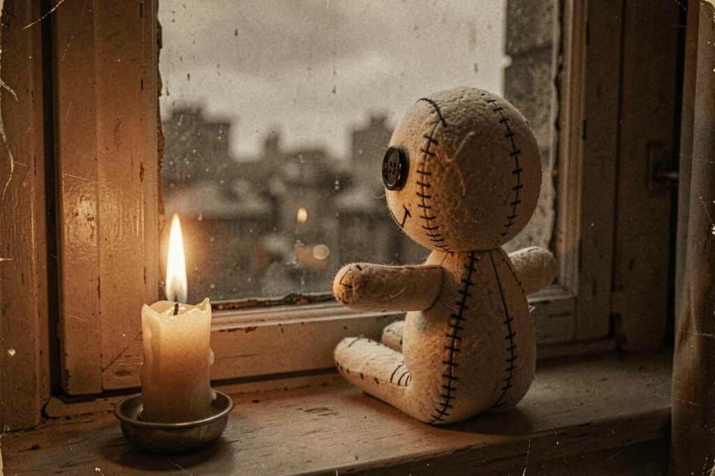The doll looks out the window at the city