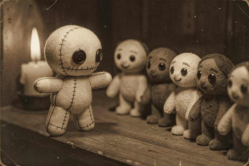 A row of new little dolls on the maker's shelf