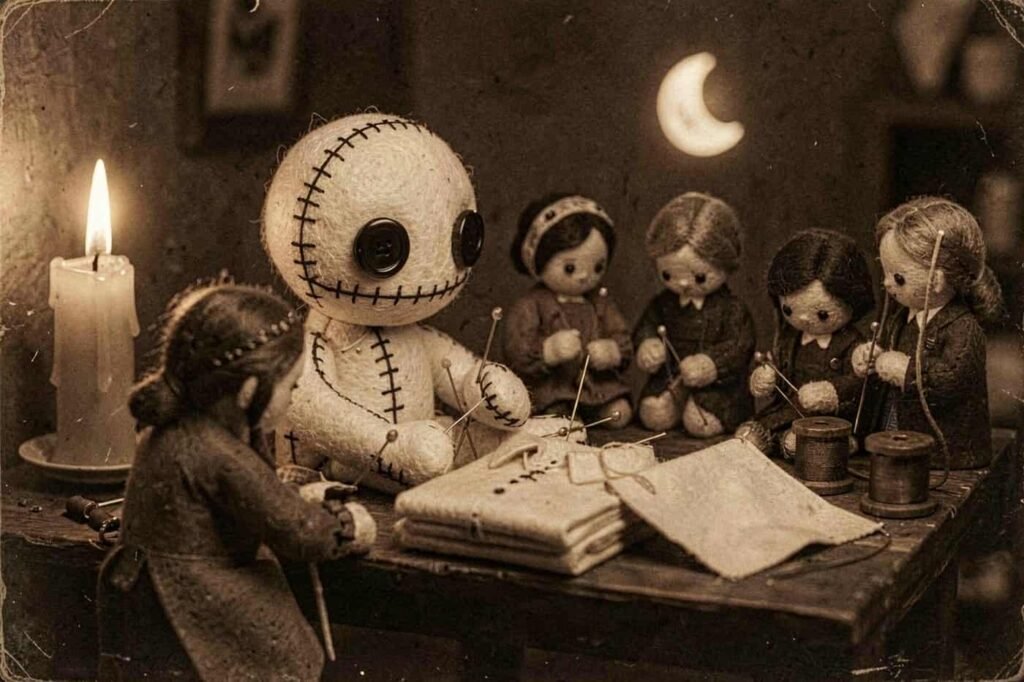 The dolls sew shirts and flags by moonlight