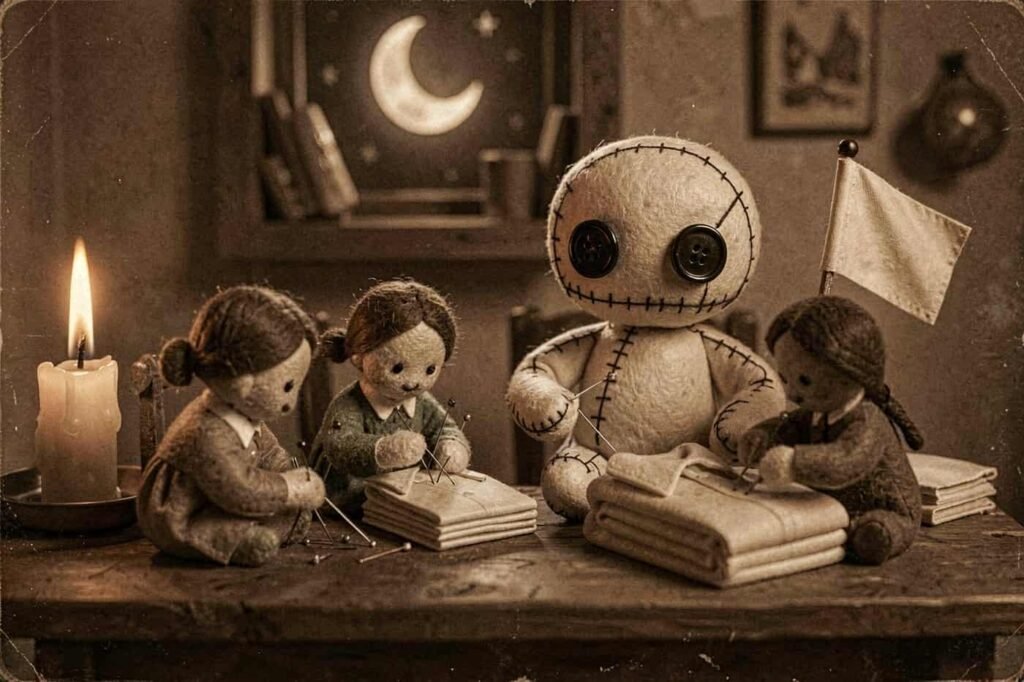 More dolls stitching under the crescent moon