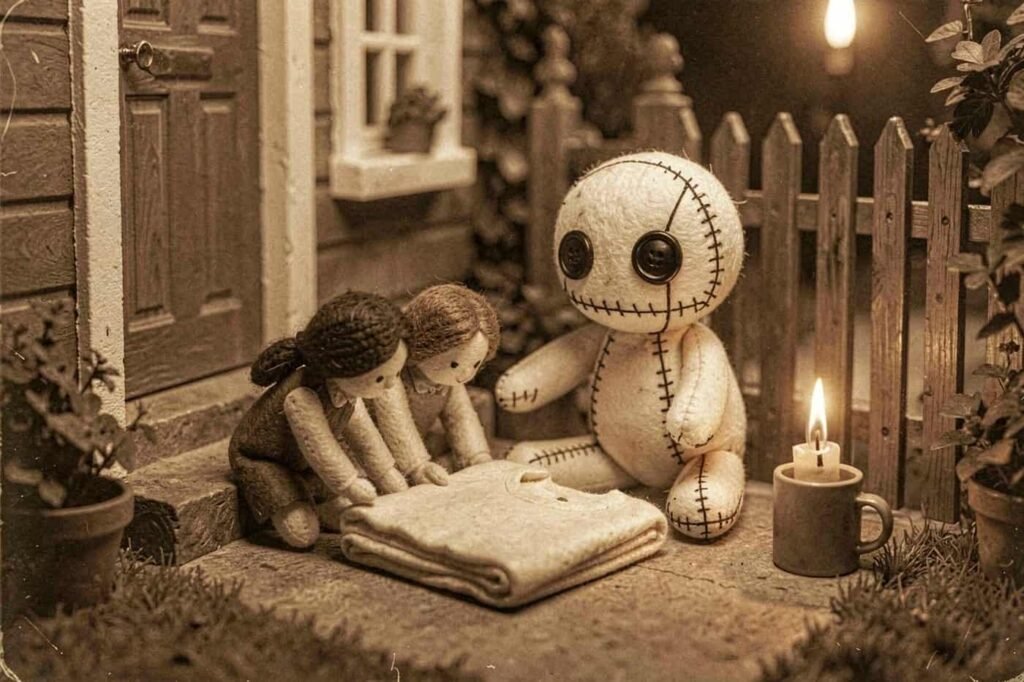 The dolls leave a folded shirt on a doorstep at dawn
