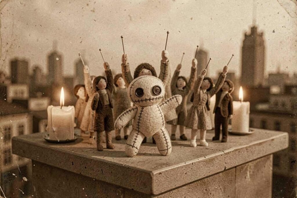 The dolls rally on a rooftop above the city