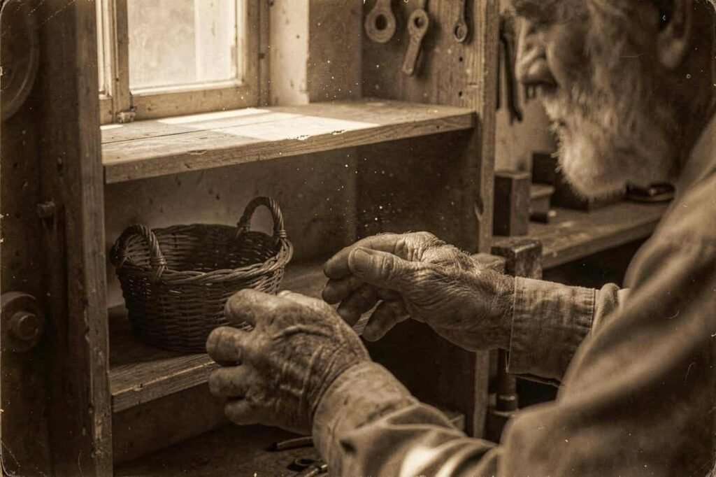 The maker's hands at the empty shelf in the morning