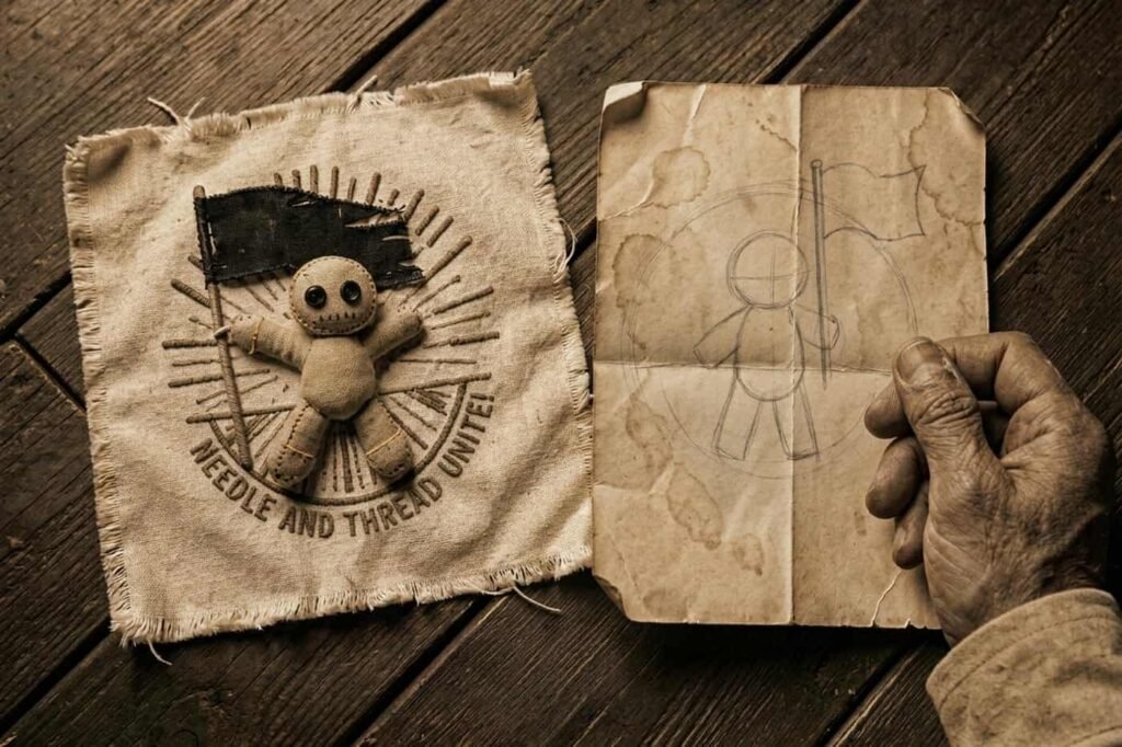 The stitched patch beside the maker's sketch, the same doll and flag