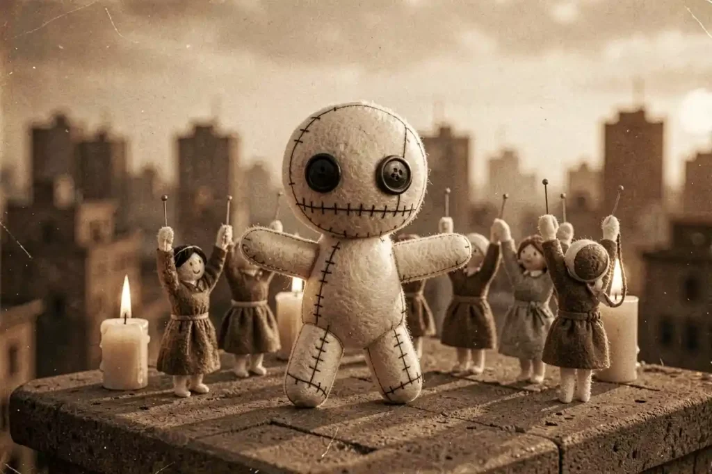The doll stands arms out on a rooftop while small dolls raise their needles high around him above the city